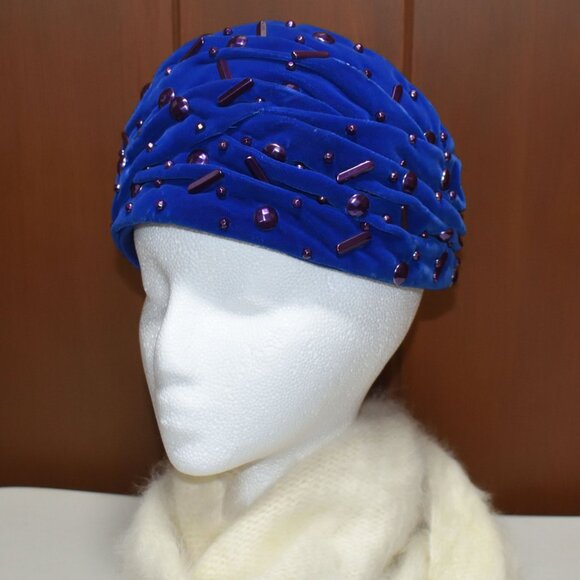 Vintage Blue Claude Saint-Cyr Reproduction Pillbox Hat Purple Accents Turban - Picture 2 of 13